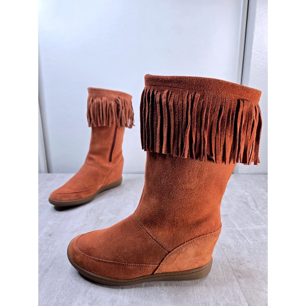 Skechers Hidden Wedge Mid Calf Boots Sz 8.5 Rust Brown Suede Fringe Boho Western